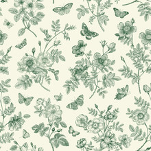Vintage Floral Illustration. Seamless Pattern. Wild Roses With Butterflies. Green And White. Toile De Jouy.