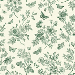 vintage floral illustration. seamless pattern. wild roses with butterflies. green and white. toile d