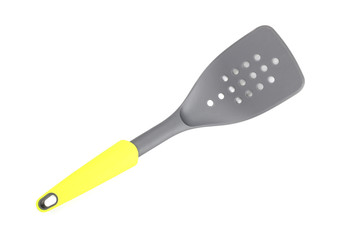 Grey plastic kitchen spatula with light green inserts isolated on white