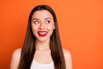 Sticker - Closeup photo of cute attractive cheerful lady good mood look interested side empty space wear casual white tank top isolated vibrant orange color background