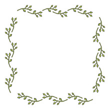 Square Frame With Green Decorative Elements On White Background. Vector Image.
