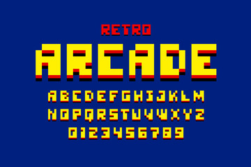 Wall Mural - Pixel retro arcade game style font, 80s alphabet, letters and numbers