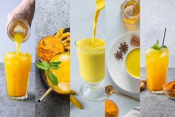 Wall Mural - Collage of Indian golden turmeric milk and iced beverage with curcuma on light.