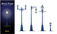 Set Of Street Vintage Blue Lights. Street Lamp, Outdoor Lamp Icons Vector. Graphic Illustration Of Typical Lamppost In Old, Retro Style.
