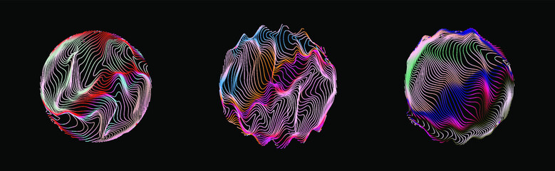 Aufkleber - Illuminated holographic circle with glitched wavy texture. Retrofuturistic illustration in 80s-90s synthwave and retrowave chromatic spectrum colors.
