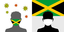 Man In Protective Face Mask With Jamaica Flag And Virus Icon