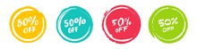 Set Of Grunge Sticker With 50 Percent Off In A Flat Design. For Sale, Promotion, Advertising