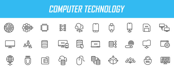 Poster - Set of linear computer technology icons. Database icons in simple design. Vector illustration