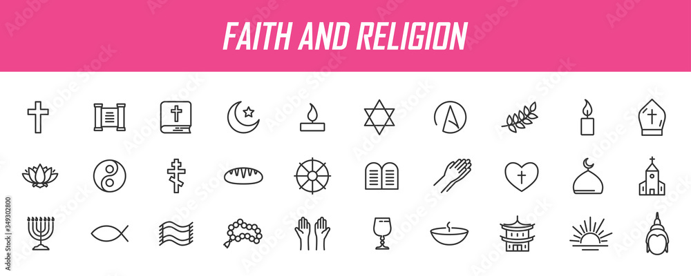 Set of linear religion icons. Faith icons in simple design. Vector illustration - obrazy, fototapety, plakaty 