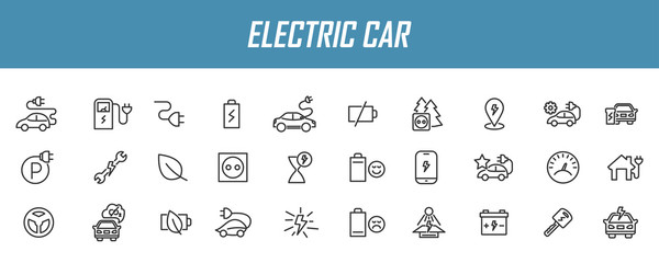 Wall Mural - Set of linear electric car icons. Eco car icons in simple design. Vector illustration