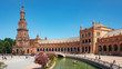Plaza de Espana, impressive architectural complex featuring different styles and elements: water canals, bridges and two Spanish Baroque towers at each end, Seville, Andalusia, Spain
