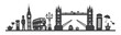 Vector illustration London skyline. Famous English symbols and attractions. Black silhouette of the city. Horizontal panoramic scene of the UK capital. 
