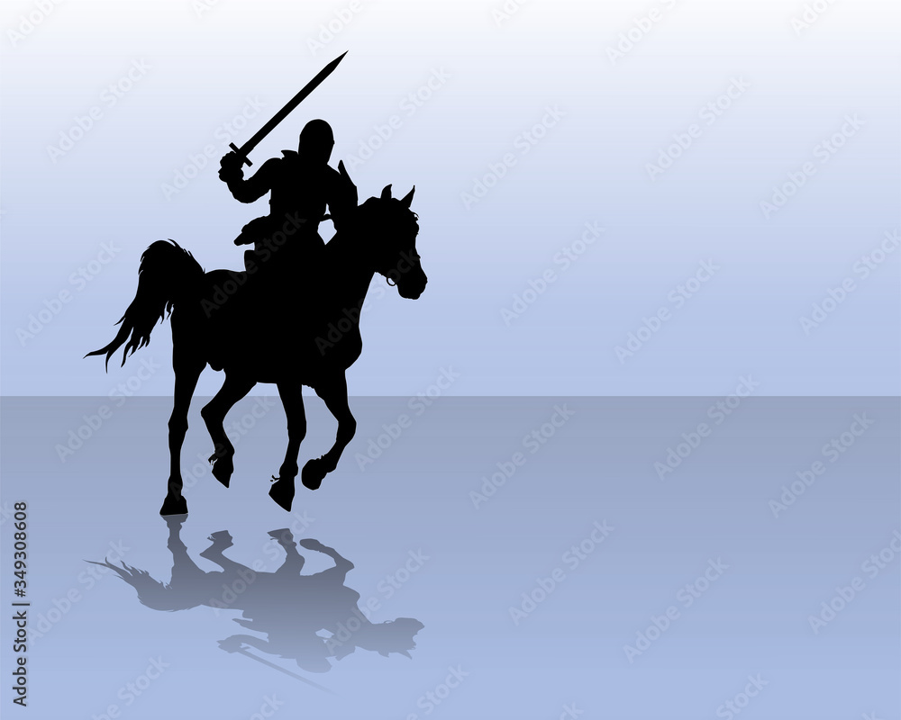 black silhouette and shadow of a medieval knight with raised sword on ...