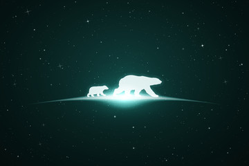 Sticker - bear family in space. vector conceptual illustration with white silhouettes of endangered animals an
