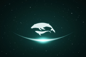 Sticker - Whale family in space. Vector conceptual illustration with white silhouettes of endangered animals and glowing outline. Surreal green background for greeting cards, posters and other design