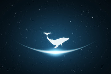 Sticker - Lonely whale in space. Vector conceptual illustration with white silhouette of endangered animal and glowing outline. Surreal blue background for greeting cards, posters and other design