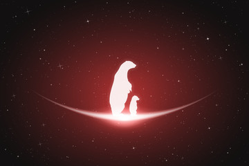Sticker - bear family in space. vector conceptual illustration with white silhouettes of endangered animals an