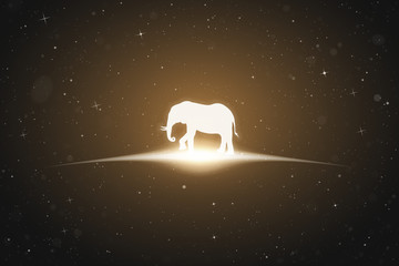 Sticker - Lonely elephant in space. Vector conceptual illustration with white silhouette of endangered animal and glowing outline. Surreal yellow background for greeting cards, posters and other design