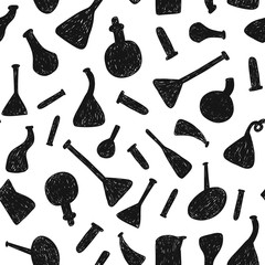 Wall Mural - Funny doodle vector seamless pattern with black chemistry glass flasks silhouettes on a white background