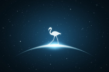Sticker - Lonely flamingo in space. Vector conceptual illustration with white silhouette of endangered bird and glowing outline. Surreal blue background for greeting cards, posters and other design