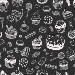 Set of various doodles, hand drawn sweets, cupcakes and candies sketches seamless chalkboard pattern