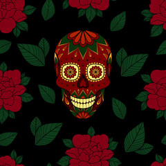 Wall Mural - Seamless pattern with color skull, flowers and leaves on a black background. Floral pattern for greeting card, scrapbooking, invitation, wallpaper or fabric. Vector illustration