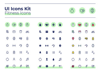 Sticker - Fitness UI icons kit. Gym thin line, glyph and color vector symbols set. Cardio workout schedule. Training goal. Sport mobile app buttons in green circles pack. Web design elements collection