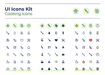 Cooking UI icons kit. Meal preparation thin line, glyph and color vector symbols set. Dinner recipe. Fork and plate. Food mobile app buttons in mint circles pack. Web design elements collection