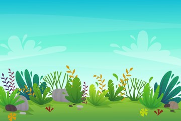 Wall Mural - nature park background. green grass on the lawn field, bushes plants and flowers, trees landscape. comic book style vector scenery