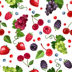 Sticker - Vector seamless background with strawberries, raspberries, grapes, blackberries, cherries, blueberries and current berries.