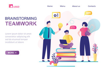 Wall Mural - Brainstorming, teamwork landing page template, colleagues discuss new idea and solve business problems.