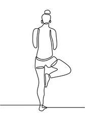 Wall Mural - Continuous line drawing. Woman doing exercise in yoga pose. Tree pose. Standing with one leg. Training body balance. The most simple position in yoga. Vector health illustration