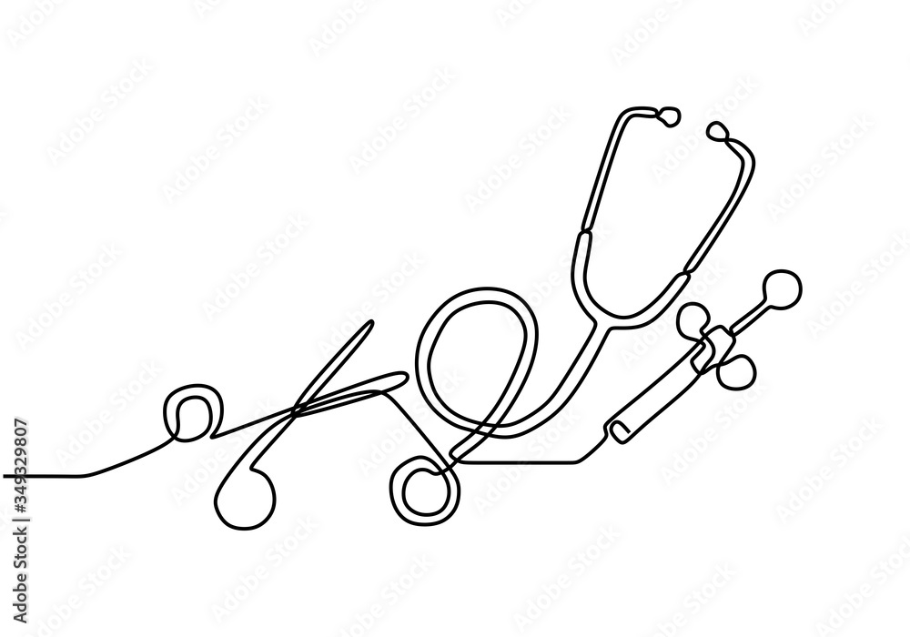 One single line drawing of medical equipment. Stethoscope, syringe and ...