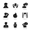 © IMG visuals icons - Emotion black glyph icons set on white space. Fear from phobia. Human feelings. Psychological treatment. Mental state. Positive attitude. Panic attack. Silhouette symbols. Vector isolated illustration