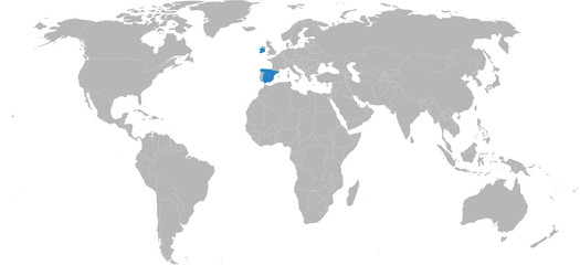 Spain, Ireland countries isolated on world map. Light gray background. Business concepts, diplomatic, trade and transport relations.