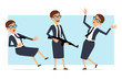 Cartoon flat funny business coach woman character in blue suit and glasses. Ready for animation. Girl shooting with rifle and falling back unconscious. Isolated on blue background. Vector set.