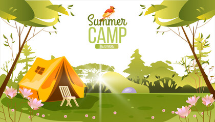 Summer camping vector background with tent, chair, brazier, trees and flowers. Picnic stock concept with forest campsite in cartoon flat style with copy space. For advertisements, flyers, banners