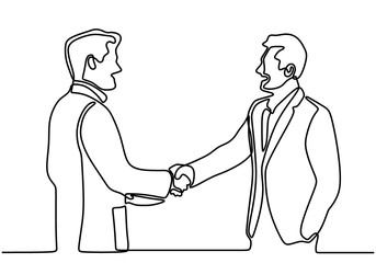 Wall Mural - Single line drawing of businessman handshaking his business partner. Two smiling business worker shaking hands together to seal a deal with his partner. Template for your design works.