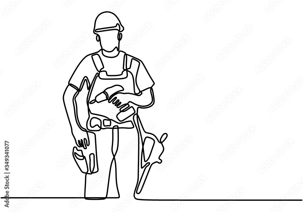 One single line drawing of young handyman wearing helmet while holding drill machine. Handsome handyman using drill machine to drilling wooden wall. Repairman construction maintenance service concept - obrazy, fototapety, plakaty 