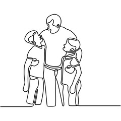 Father and his two children of son and daughter continuous one line drawing. Happy family father hug two children. Father's day theme. Vector illustration isolated on white background