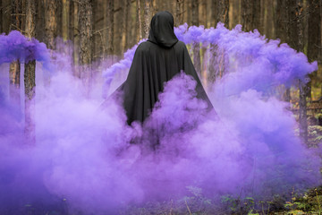 mystical girl in a raincoat with a hood in the forest with a purple haze