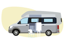 Vector Graphics. The Illustration Depicts A Motor Home On Gray Wheels, Can Be Used In Business For Rental Or Sales.