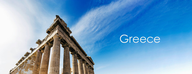 Background image of reconstruction of Parthenon in Acropolis, Athens, Greece, panoramic image