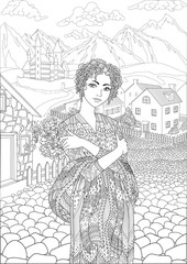 Wall Mural - Coloring book for adults with beautiful princess dressed in historical outfit in the empire style stading in the cute village and beautiful castle