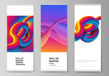 The Vector Illustration Layout Of Roll Up Banner Stands, Vertical Flyers, Flags Design Business Templates. Futuristic Technology Design, Colorful Backgrounds With Fluid Gradient Shapes Composition.