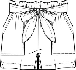 Short Pants, Flat Sketch Template, vector. Bow detail short