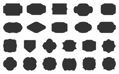 Black glyph label retro vintage set. Different shape empty silhouette tag menu sale price. Blank template for card text banner, wedding invitation. Classic simple sticker, isolated vector illustration