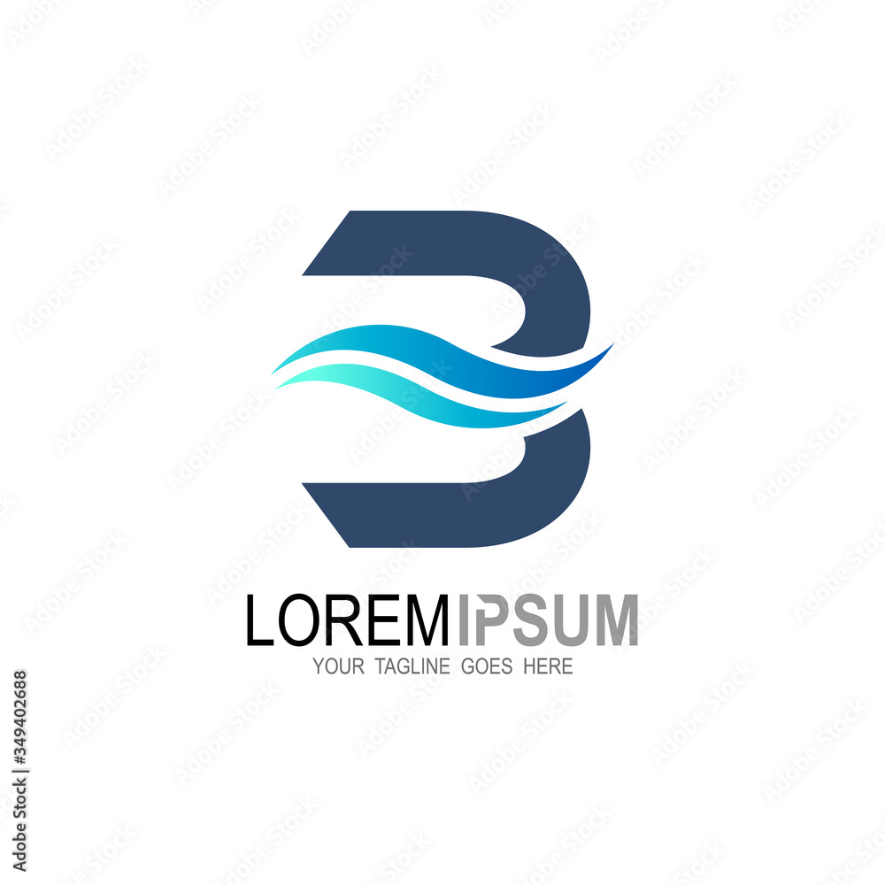 Blue wave logo design, letter b with wave water shape, line and wave icon