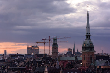 夕焼け。北欧、ストックホルム、教会のある風景。Aerial sun set view of Stockholm Sweden