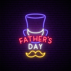 Wall Mural - Father's day neon signboard. Bright glowing greeting banner for Father's day celebration. Stock vector illustration.